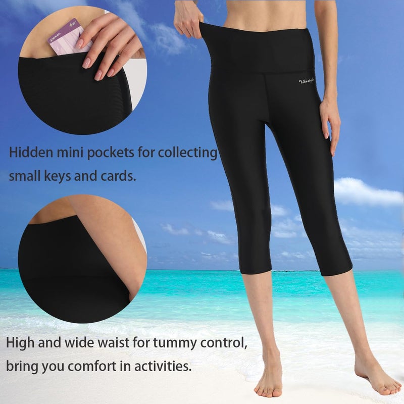 Ubestyle UPF 50+ High Rise Swim Pants for Women Swim Capris Legging Swimsuit Bottom Swim Shorts Sun Protective Black - Image 3